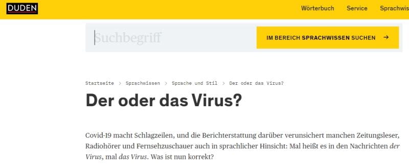 which article for virus? In times of Corona, the Duden has updated its article.