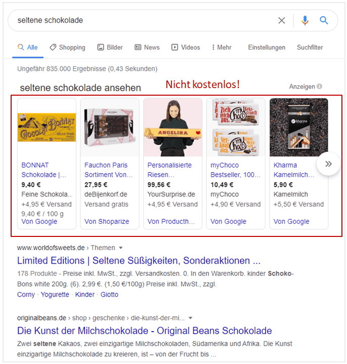 Google Shopping wird kostenlos? Nur fast. Die prominenten Plätze sind nach wie vor kostenpflichtig.