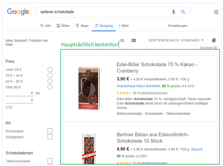Google Shoppng wird nur in der vertikalen Shopping-Suche kostenfrei.