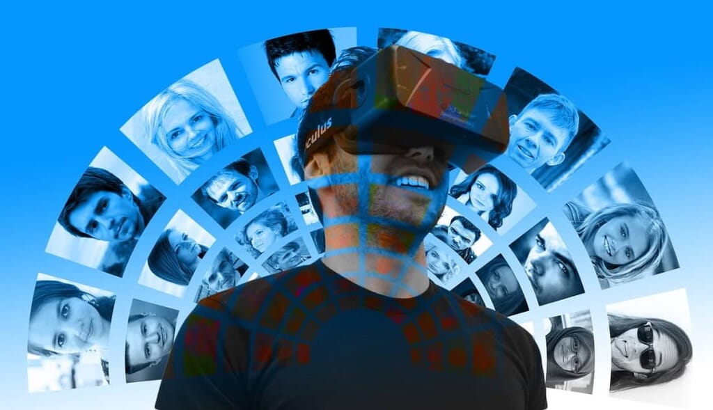 Virtual faces, man with VR glasses