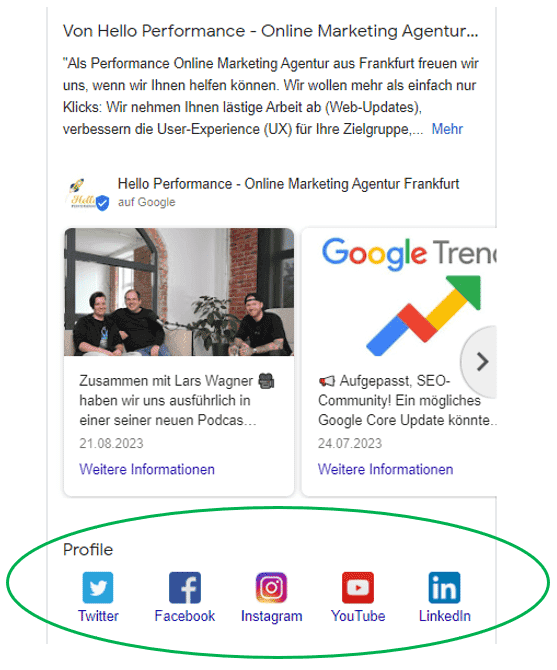 News: Links zu Facebook, LinkedIn und Co, sind nun händisch im Unternehmensprofil eintragbar.