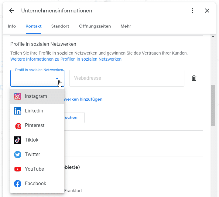Neben Instagram, LinkedIn und X (Twitter) können auch Pinterest, TikTok und YouTube im Google My Business bzw. Unternehmensprofil hinterlegt werden.