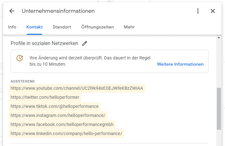 Der Eintrag der Links ist nach kurzer Zeit im GMB-Profil sichtbar.
